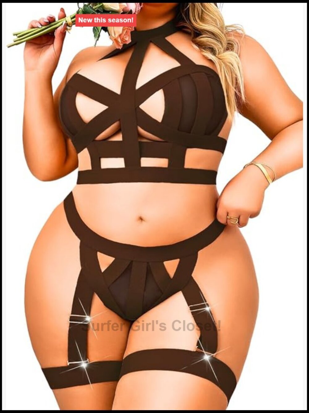 Plus Size Strappy Lingerie Set Halter Backless Bra Thong Thigh Straps